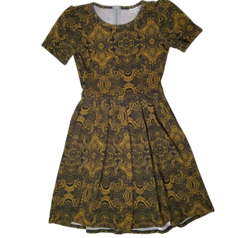 LuLaRoe Amelia Fit and Flare Dress Yellow Navy Small